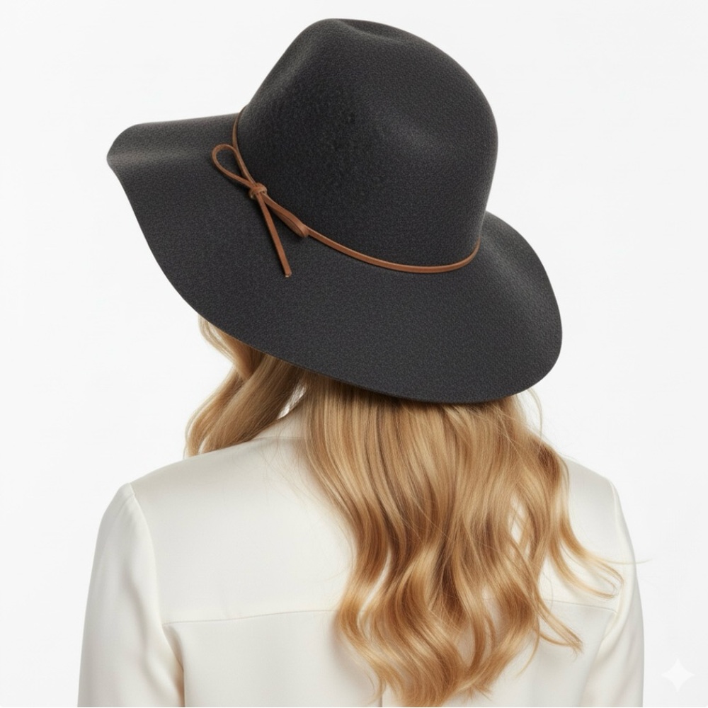 Phenix 100% Wool Wide Brim Floppy Hat Black Leather Trim New OS Western - Picture 3 of 12